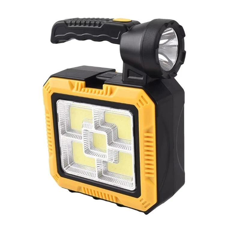 چراغ اضطراری چندمنظوره جعبه‌ابزار دار مدل C-7739 با لامپ COB و LED، برد 50 متر، شارژ خورشیدی و خروجی پاوربانک، بدنه پلاستیک فشرده و حالت نوردهی چندگانه